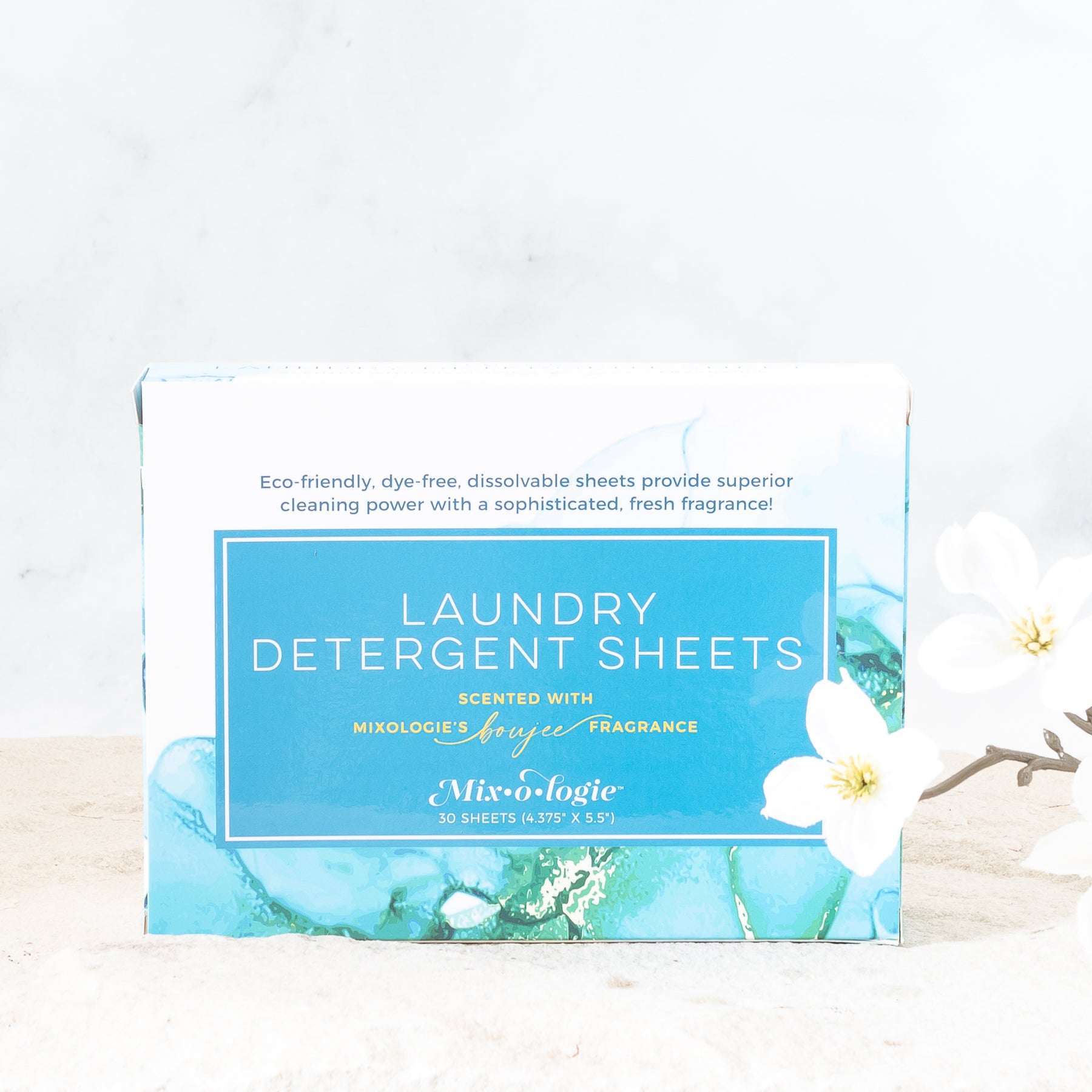 Luxury dissolvable laundry detergent sheets scented with Mixologie's Boujee fragrance. 30 of the 4.375" X 5.5" sized sheets in rectangle box.
