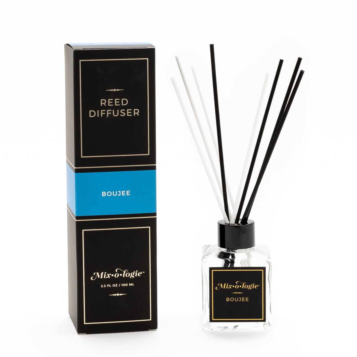 Mixologie Boujee scented Reed Diffuser with 8 reed diffuser sticks in 3.5 FL OZ glass square bottle.