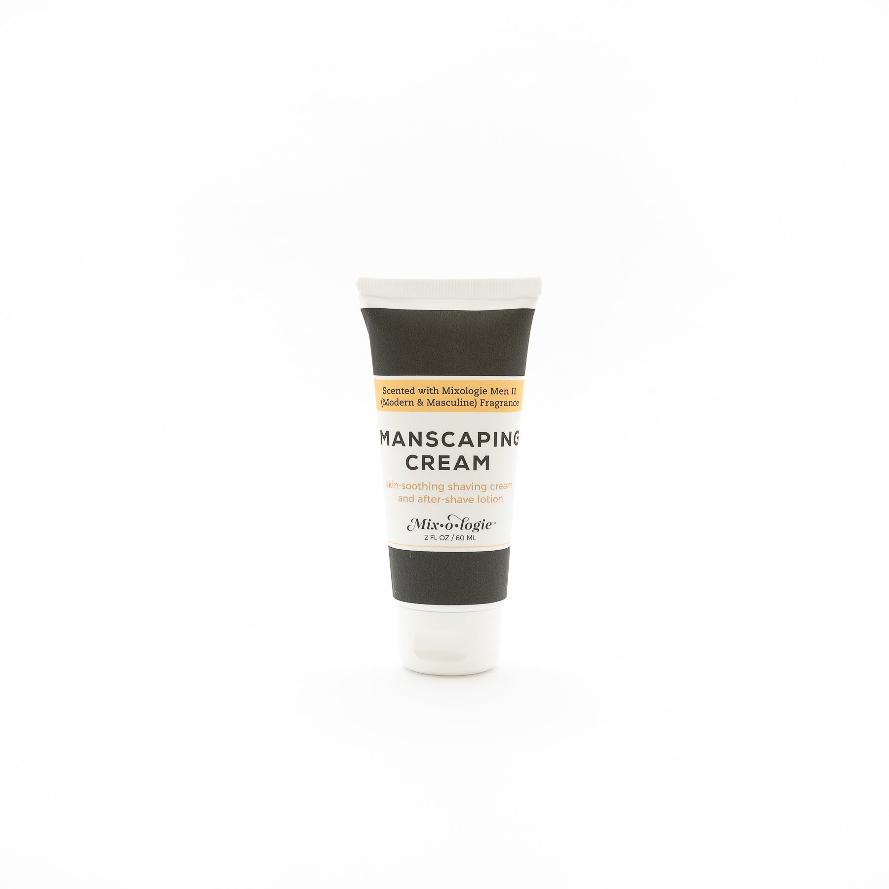Manscaping cream - Skin smoothing shaving cream and after shave lotion scented with Mixologie's Men's II (Modern and Masculine) fragrance in 60 mL plastic tube.