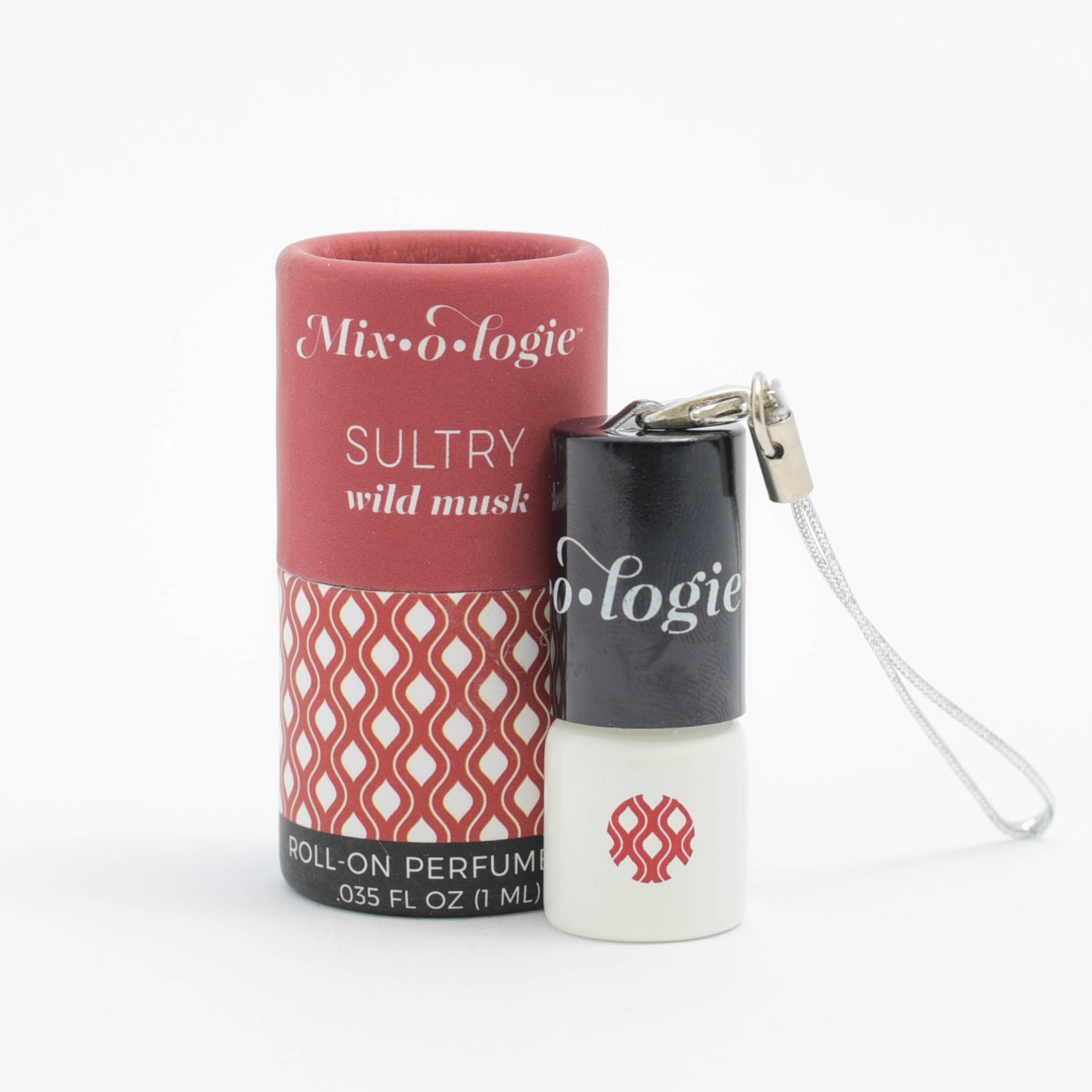 Mixologie's Sultry (wild musk) scented mini rollerball in 1 mL bottle with keychain lid. Displayed with cylinder packaging.