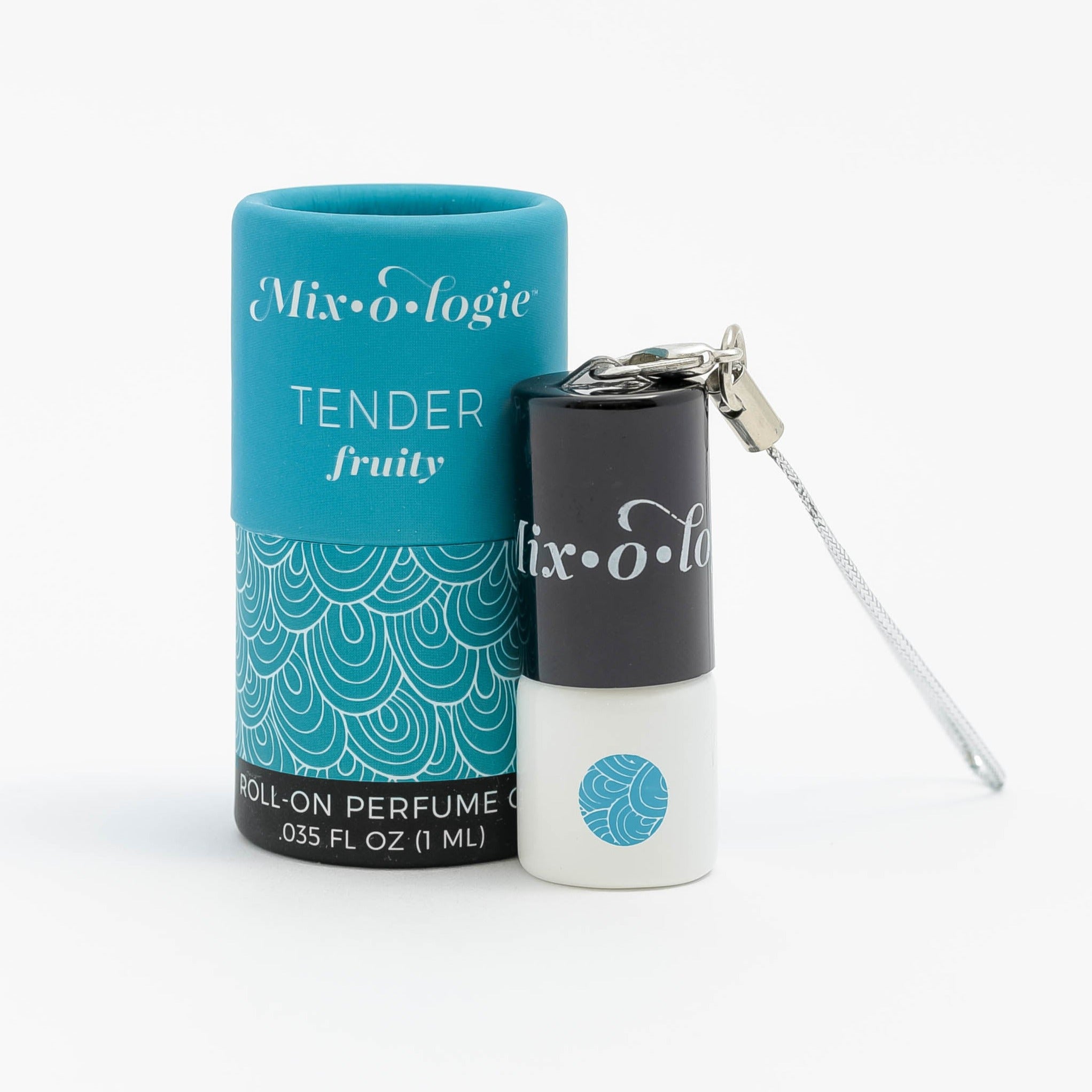 Mixologie's Tender (fruity) scented mini rollerball in 1 mL bottle with keychain lid. Displayed with cylinder packaging.
