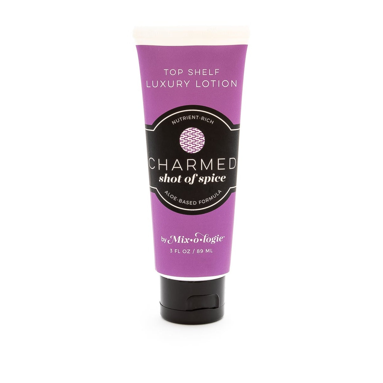 Charmed (Shot of Spice) Top Shelf Lotion in dark purple tube with black lid and label. Nutrient rich, aloe-based formula, tube has 5 fl oz or 89 mL. Pictured with white background
