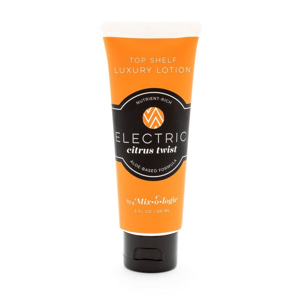 Mixologie's top shelf luxury lotion scented with Electric (citrus twist) in 3 mL plastic tube. 