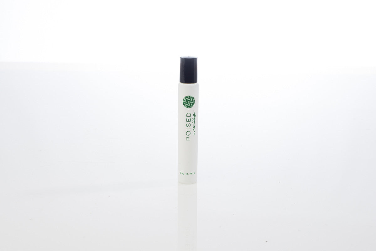 Mixologie Poised (clean breeze) scented rollerball perfume in 5 mL glass bottle with twist off cap.