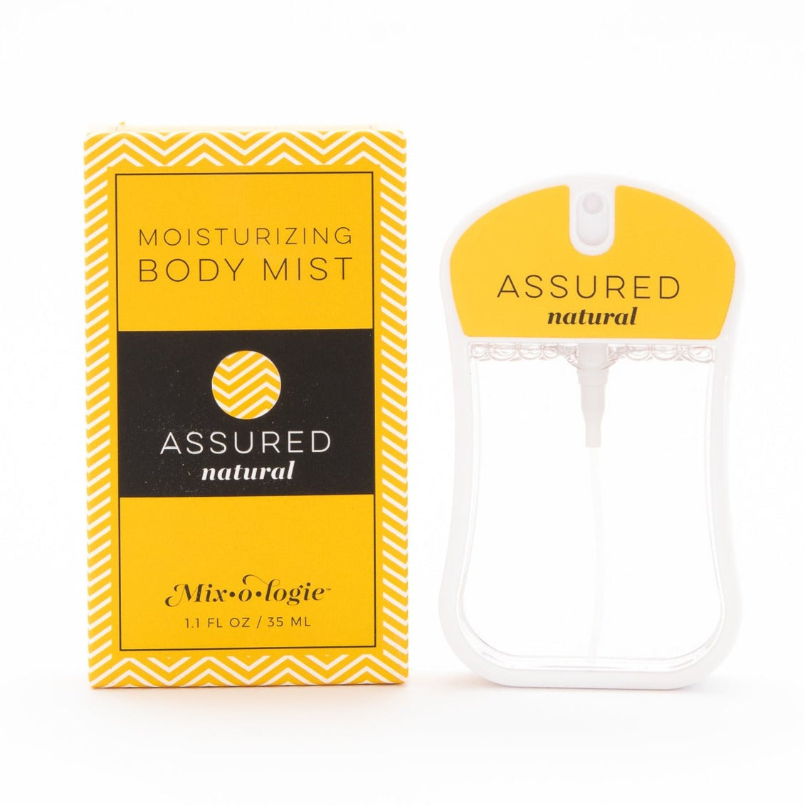 Moisturizing Body Mist scented with Assured Natural in a curved 35 mL plastic spray bottle.