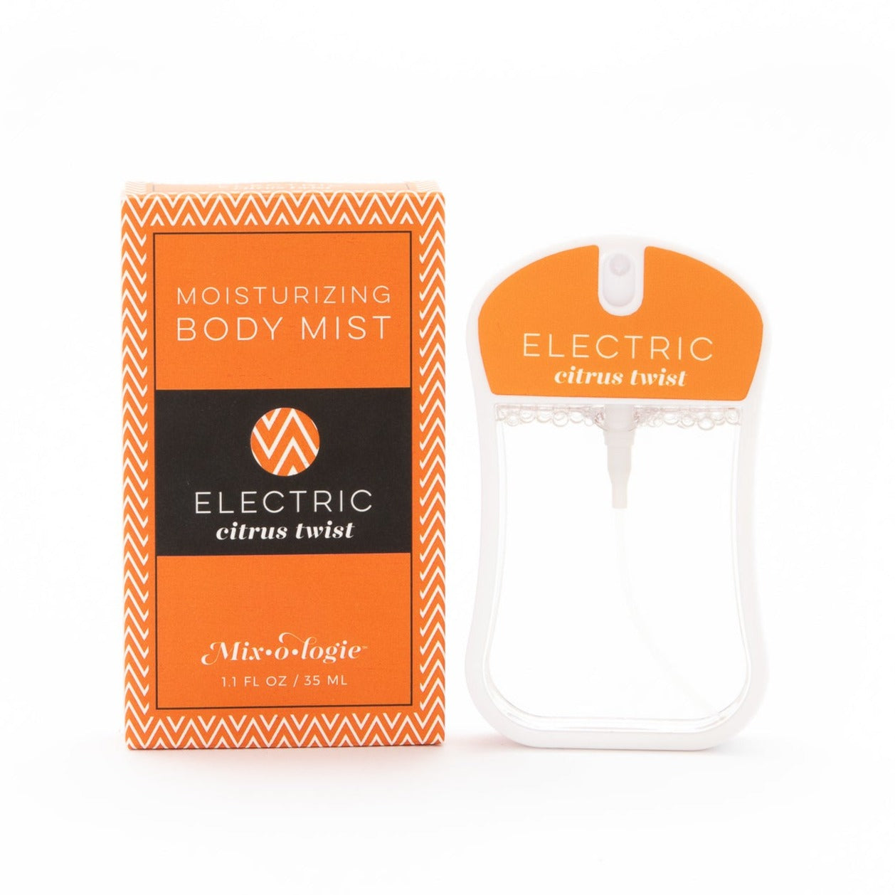 Moisturizing body mist scented with Electric (citrus twist) scent in 35 mL plastic spray bottle displayed with rectangular packaging