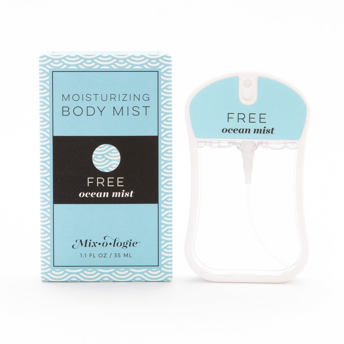 Moisturizing body mist scented with Mixologie's Free (ocean mist) scent in 35 mL plastic spray bottle.