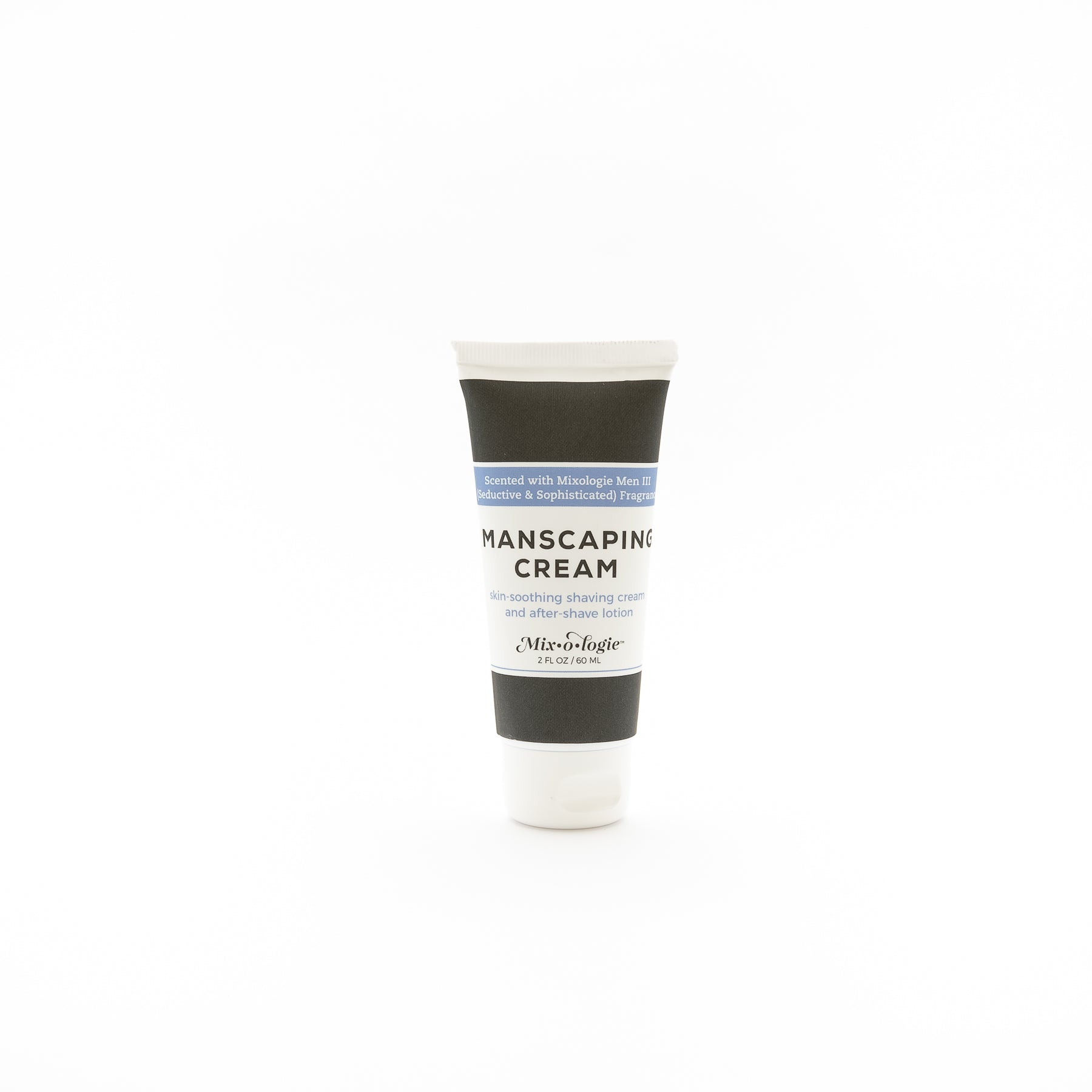 Manscaping cream - Skin smoothing shaving cream and after shave lotion scented with Mixologie's Men's III (Seductive & Sophisticated) fragrance in 60 mL plastic tube.