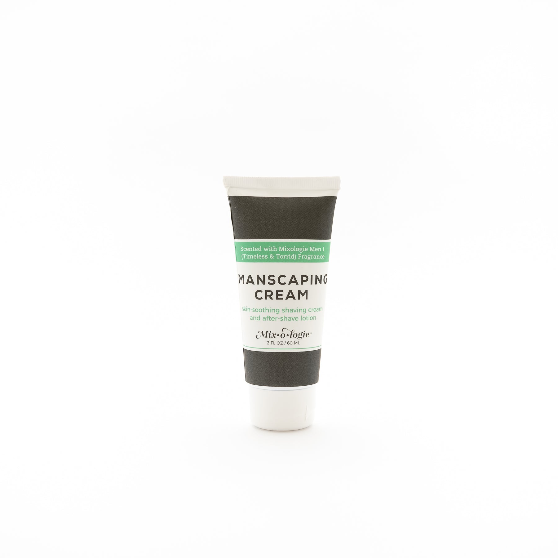 Manscaping cream - Skin smoothing shaving cream and after shave lotion scented with Mixologie's Men's I (timeless and torrid) fragrance in 60 mL plastic tube.