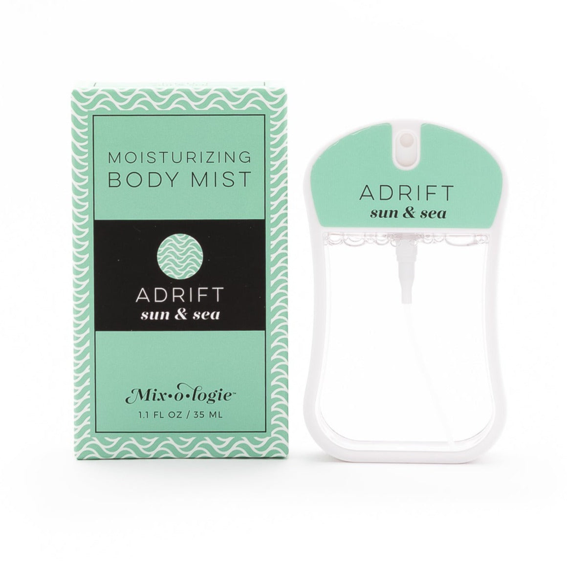 Adrift (Sun & Sea) moisturizing body mist in light green color box and spray bottle with light green color and clear liquid. Spray bottle has 1.1 fl ox or 35 mL. Box and spray bottle have a white background